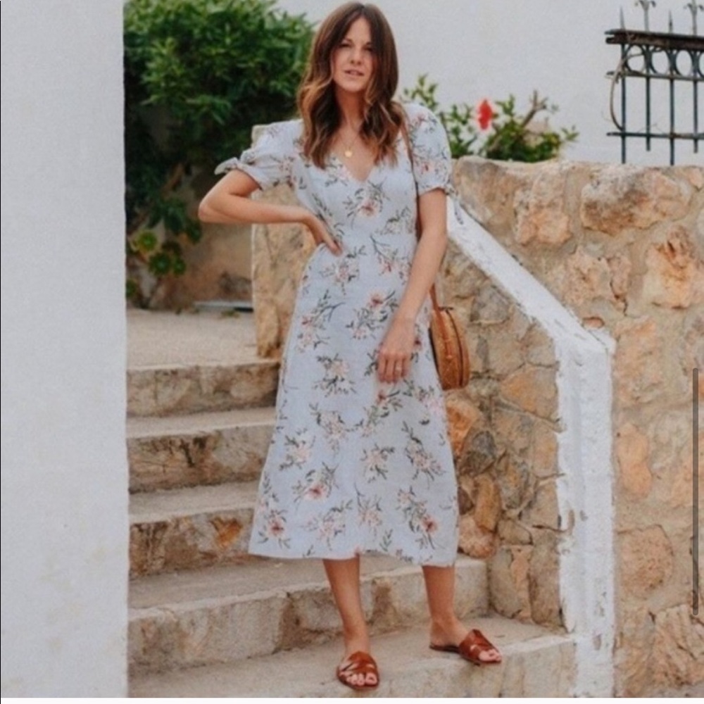 ZARA BLOGGER FAVORITE BLUE LINEN FLORAL DRESS SZ L